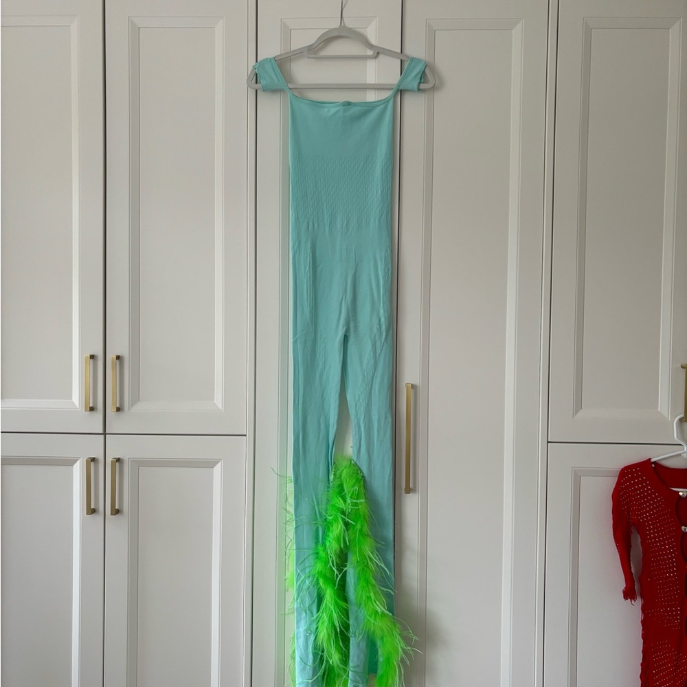 Poster girl green feather jumpsuit